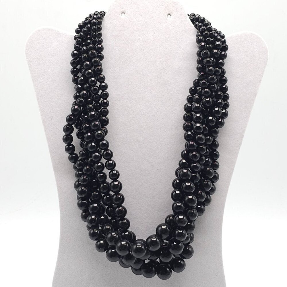 Black Multi Strand Acrylic Beaded Necklace With Adjustable Silver Chain Clasp